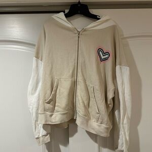 Wildfox Cream and White Zip Hoodie with Heart Patch